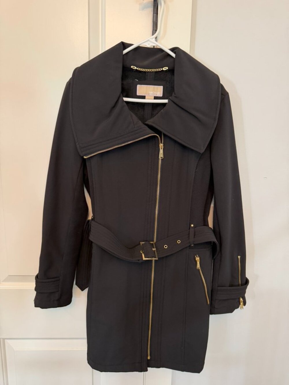 Michael Michael Kors Black Belted Coat Size L | Gold Hardware Asymmetrical Zip